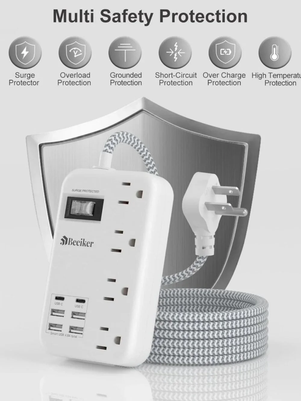 6-Outlet USB Travel Power Strip with 5ft Braided Cord & Surge Protection - Wall